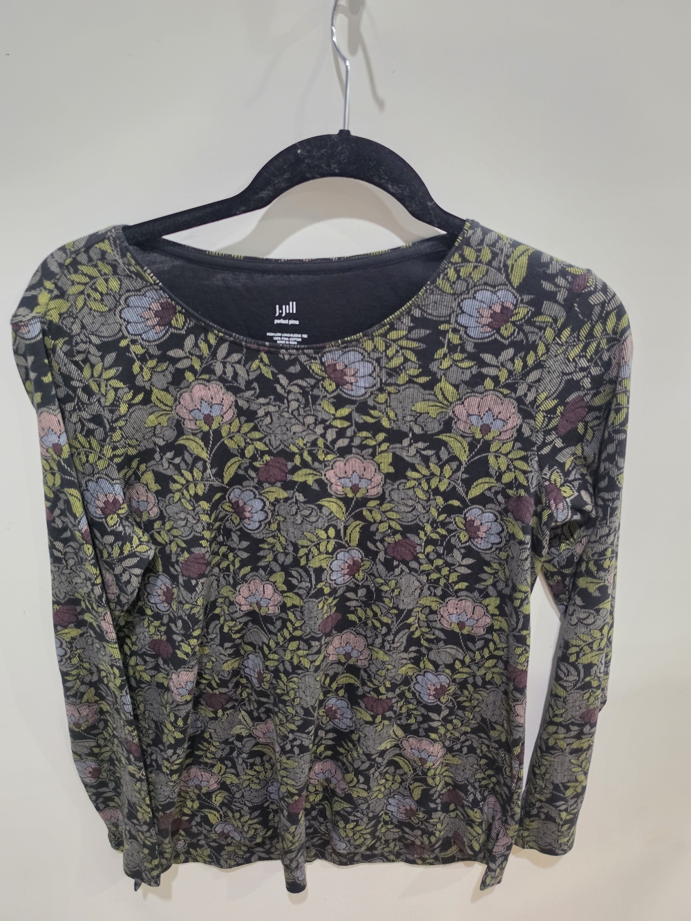 J. Jill Perfect Prima Floral Long Sleeve Top Black Print Soft Women's Shirt Sz S